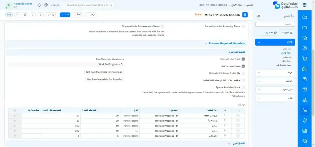 لوحة تخطيط الإنتاج في ERPNext